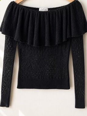 TANYA TAYLOR Black Off Shoulder Wool Pointelle Sweater S
